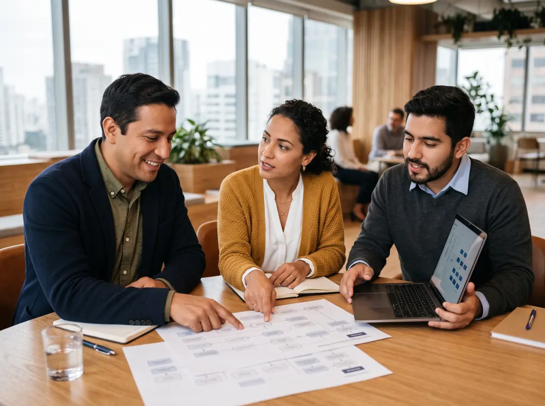 Equipo de consultores trabajando sobre diagramas de procesos